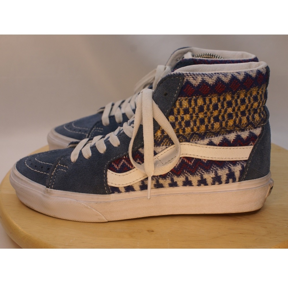 Vans Sk8-Hi Blue Suede Woven Textile Geometric High Top Sneakers Womens 5.5 boho - Picture 3 of 12